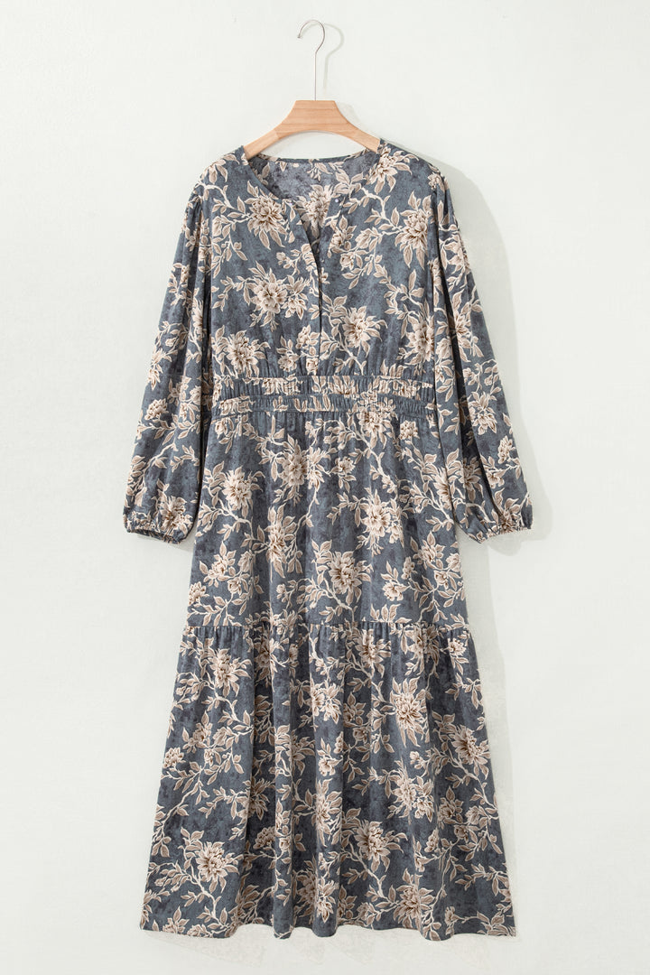 Sky Blue Plus Size Floral Print Split Neck Shirred High Waist Long Sleeve Maxi Dress