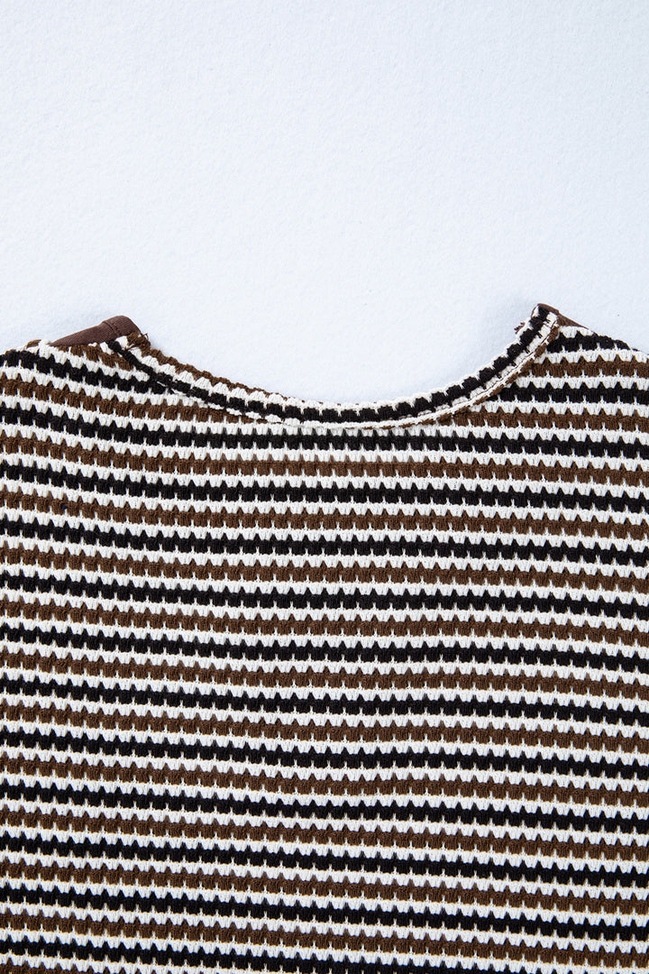 Brown Faux Two Piece Textured Striped Round Neck Long Sleeve T Shirt
