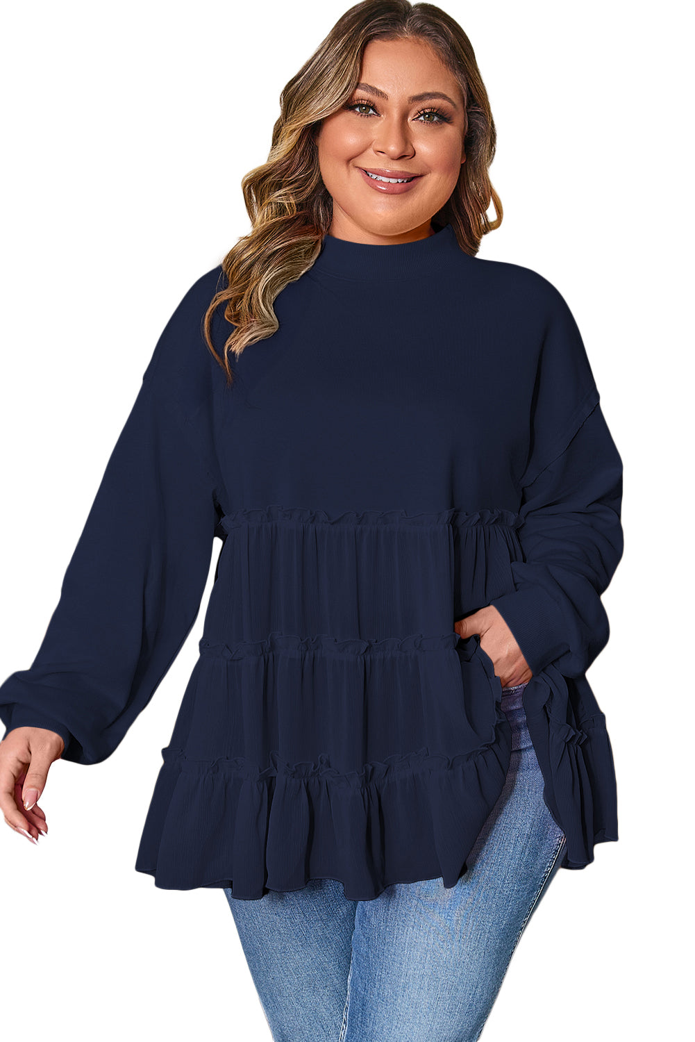 Navy Blue Tiered Ruffle Ribbed Crew Neck Pullover Plus Size Top