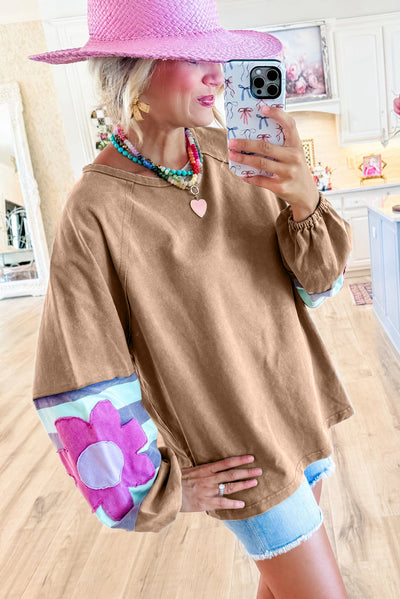 Dune Flower Patchwork Raglan Sleeve Exposed Seam Oversized Top