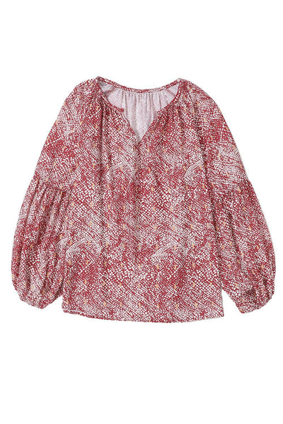 Fiery Red Pleated Lantern Sleeve Abstract Print Blouse