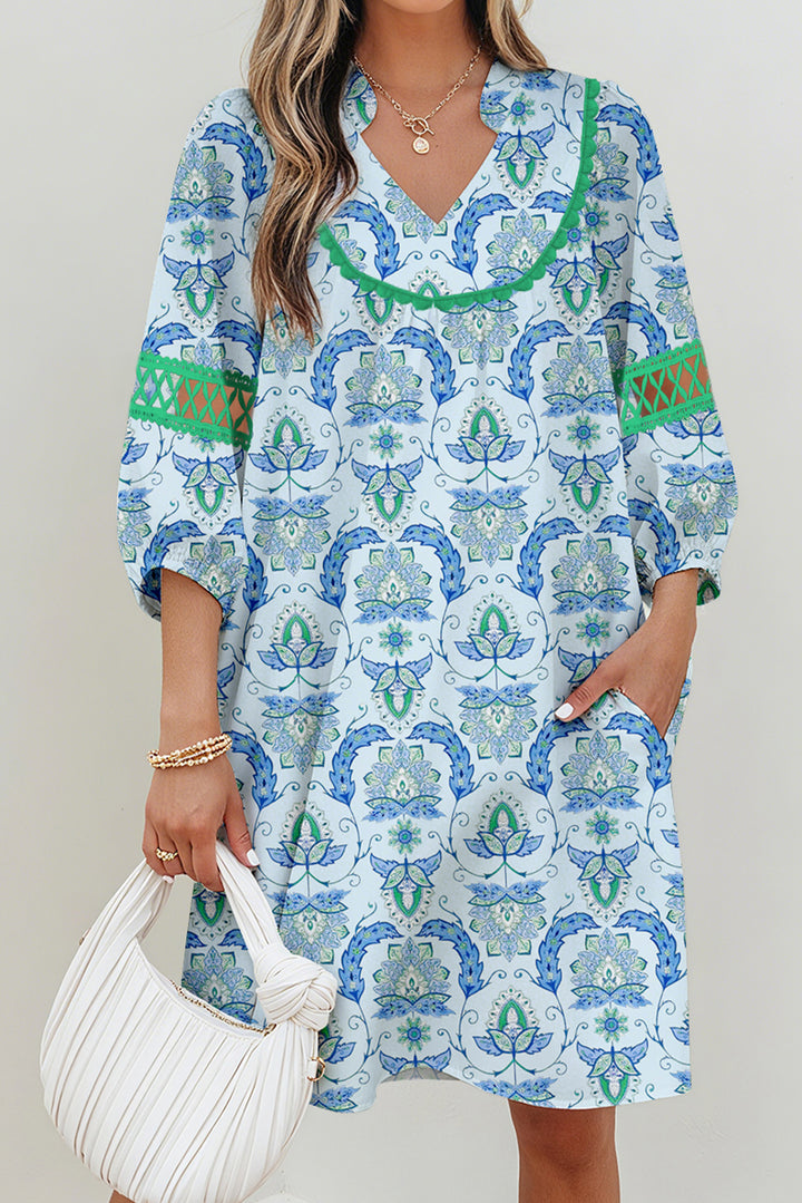 Sky Blue Boho Paisley Print Contrasted Patchwork Detail Bracelet Sleeve Loose Mini Dress