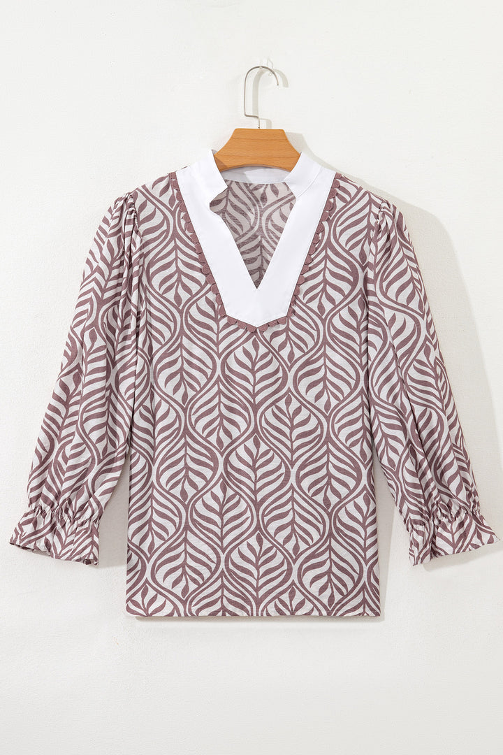 Brown Leaf Print Standing Collar Puff Sleeve Top