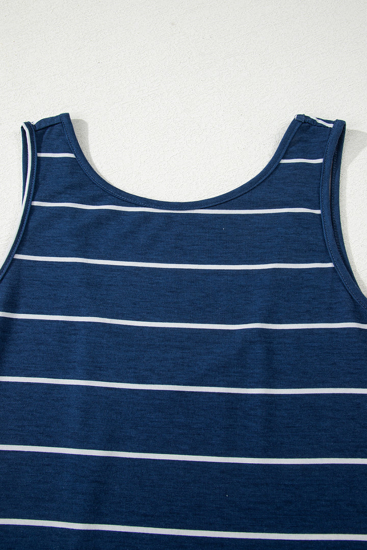 Blue Gray Stripe Print Open Back Sleeveless Maxi Dress with Slits