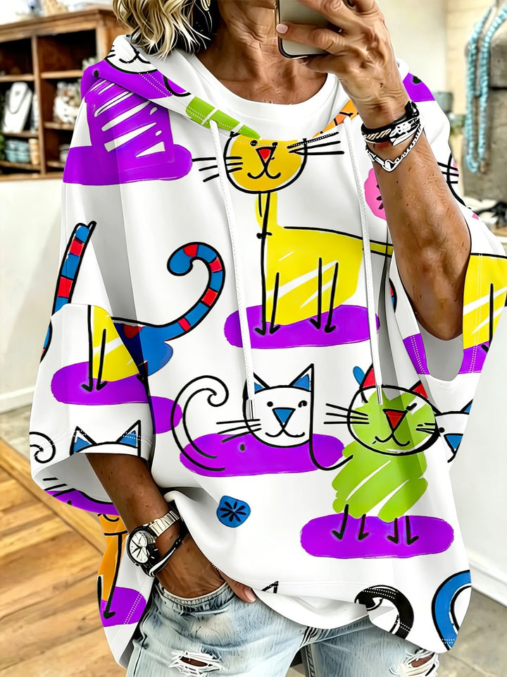 Cartoon Cat Print Hoodie with 3/4 Sleeves &amp; Drawstring