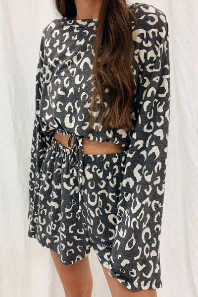 Gray Animal Print Long Sleeves Pullover and Shorts Lounge Set