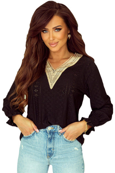 Black Lace Panel V Neck Ruffle Long Sleeve Eyelet Blouse