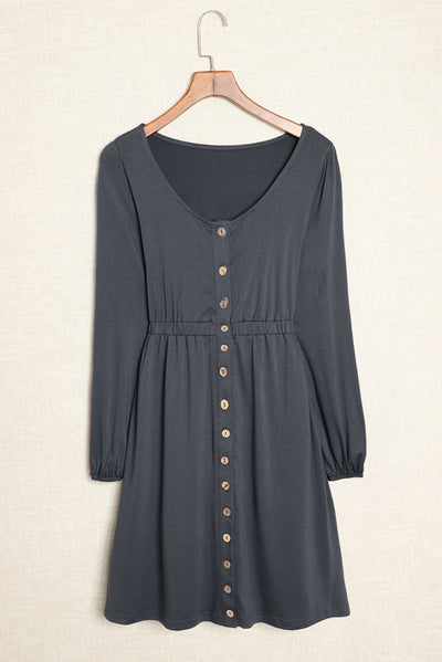 Gray Button Up High Waist Long Sleeve Dress