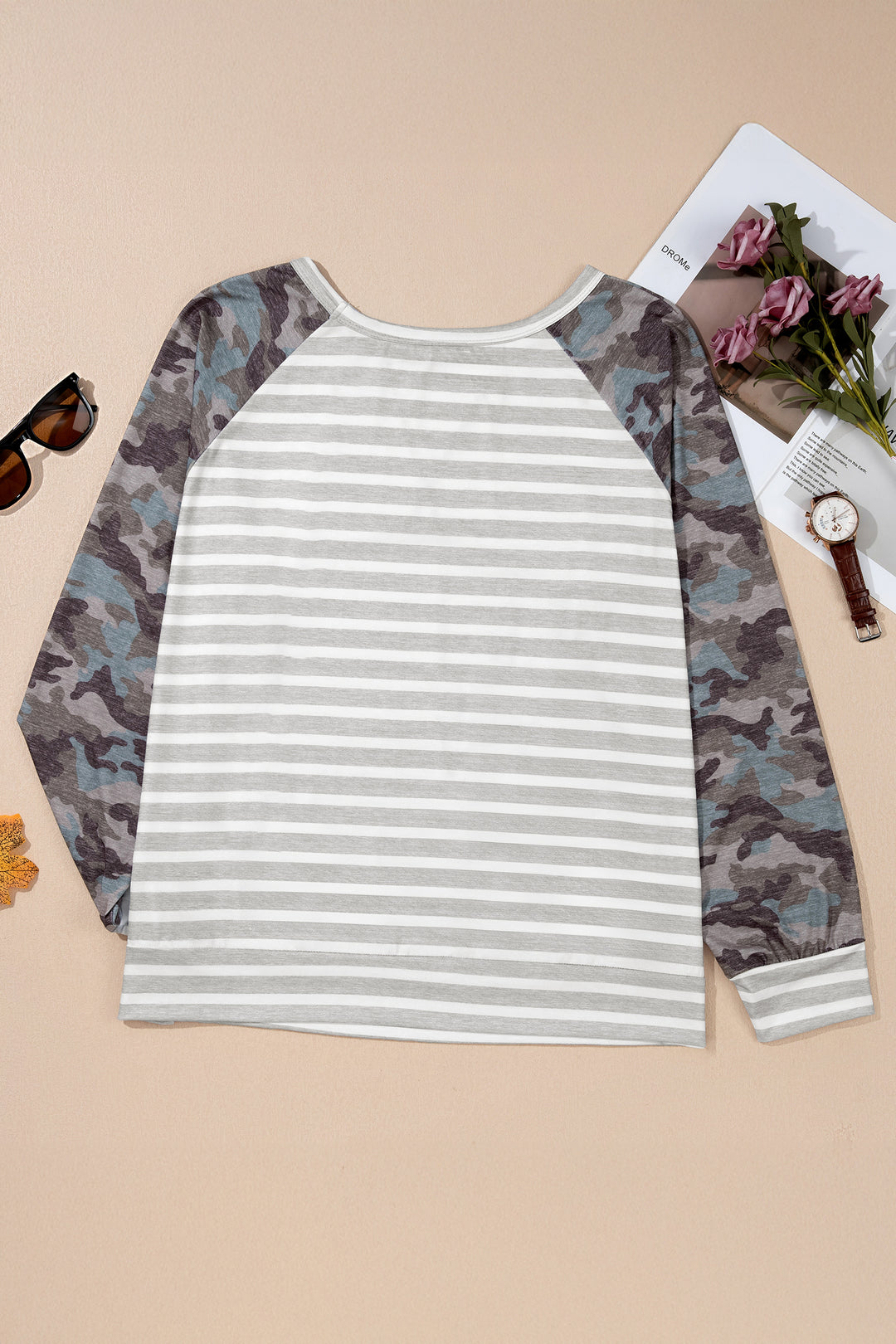 Gray Stripe Camo Sleeve Striped Colorblock Round Neck Long Sleeve Plus Size Blouse