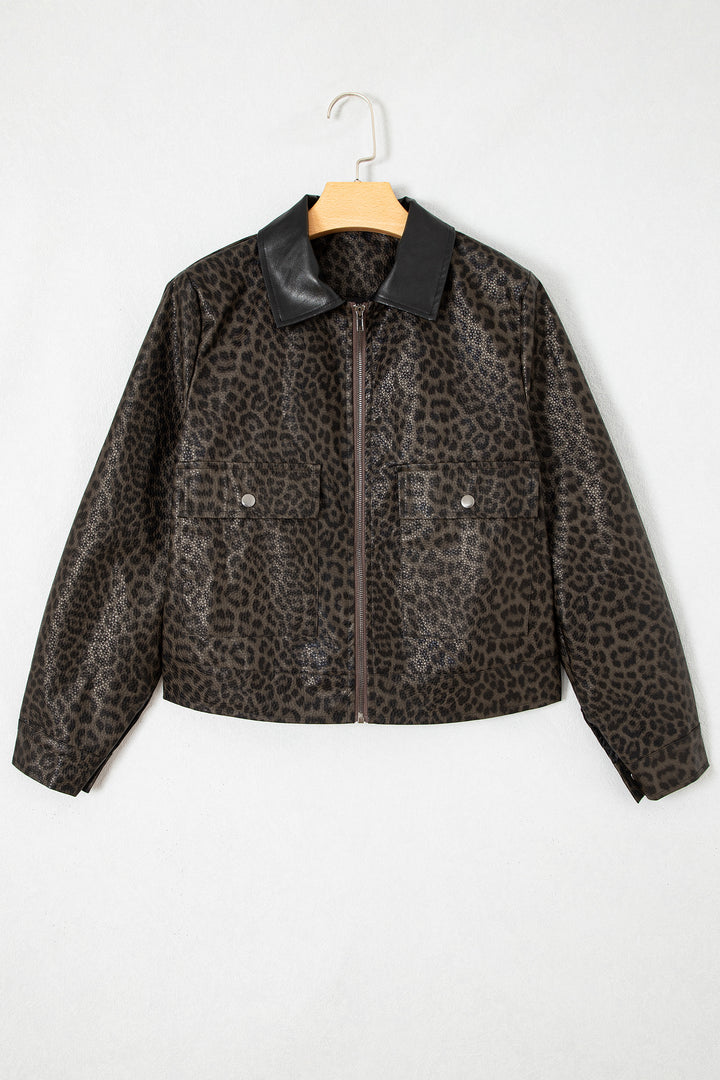 Multicolour Leopard Print Colorblock Collar Metal Placket Jacket