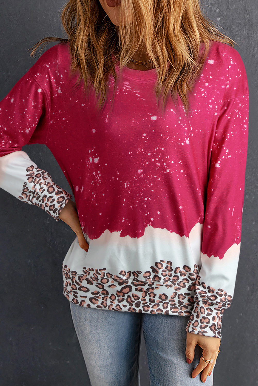 Fiery Red Leopard Bleached Pullover Sweatshirt