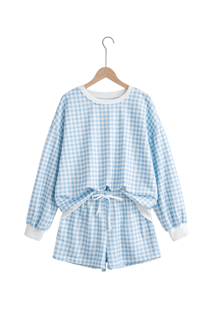 Pink Plaid Baggy Pullover Drawstring Casual Shorts 2pcs Outfit