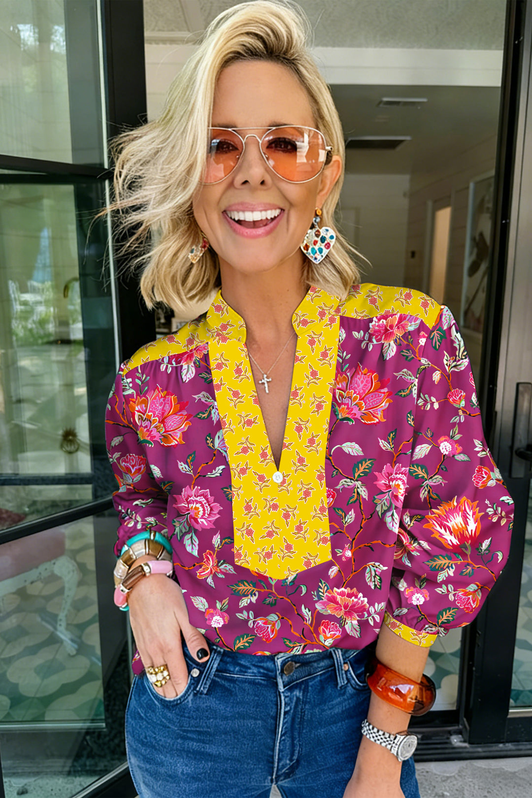 Rose Contrast Placket Split V Neck Floral Blouse