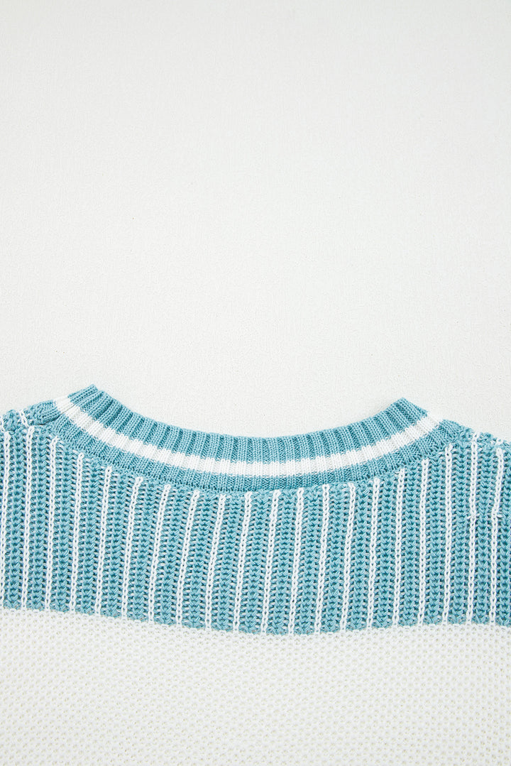 Light Blue Two Tone Striped Patchwork Drop Shoulder Loose Sweater