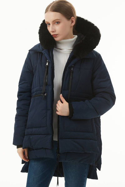 Navy Blue Plush Linen Zip Up Hooded Puffer Coat