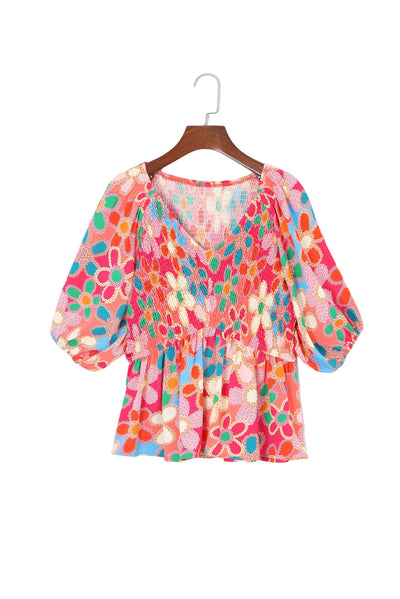 Pink Boho Flower Print Puff Sleeve Peplum Top