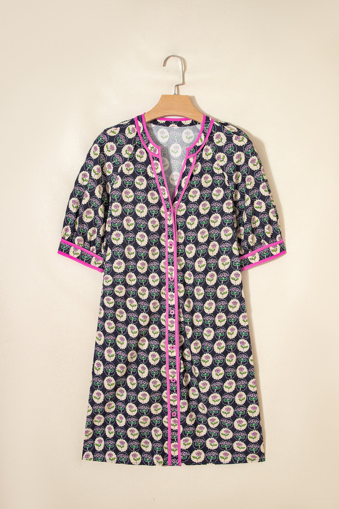 Blue Striped Trim Short Sleeve Vintage Floral Shift Dress