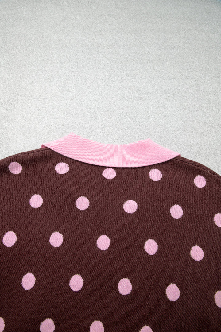 Pink Polka Dot Pattern Color Block Collared Loose Pullover Sweater