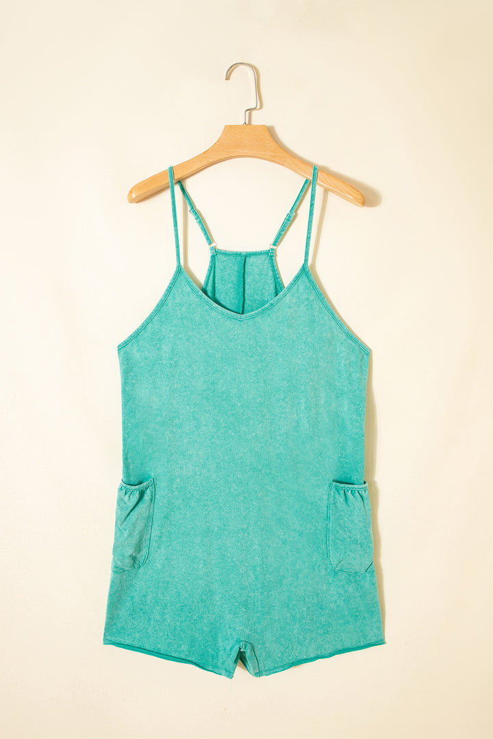 Mint Green Mineral Wash Spaghetti Straps Pocketed Romper