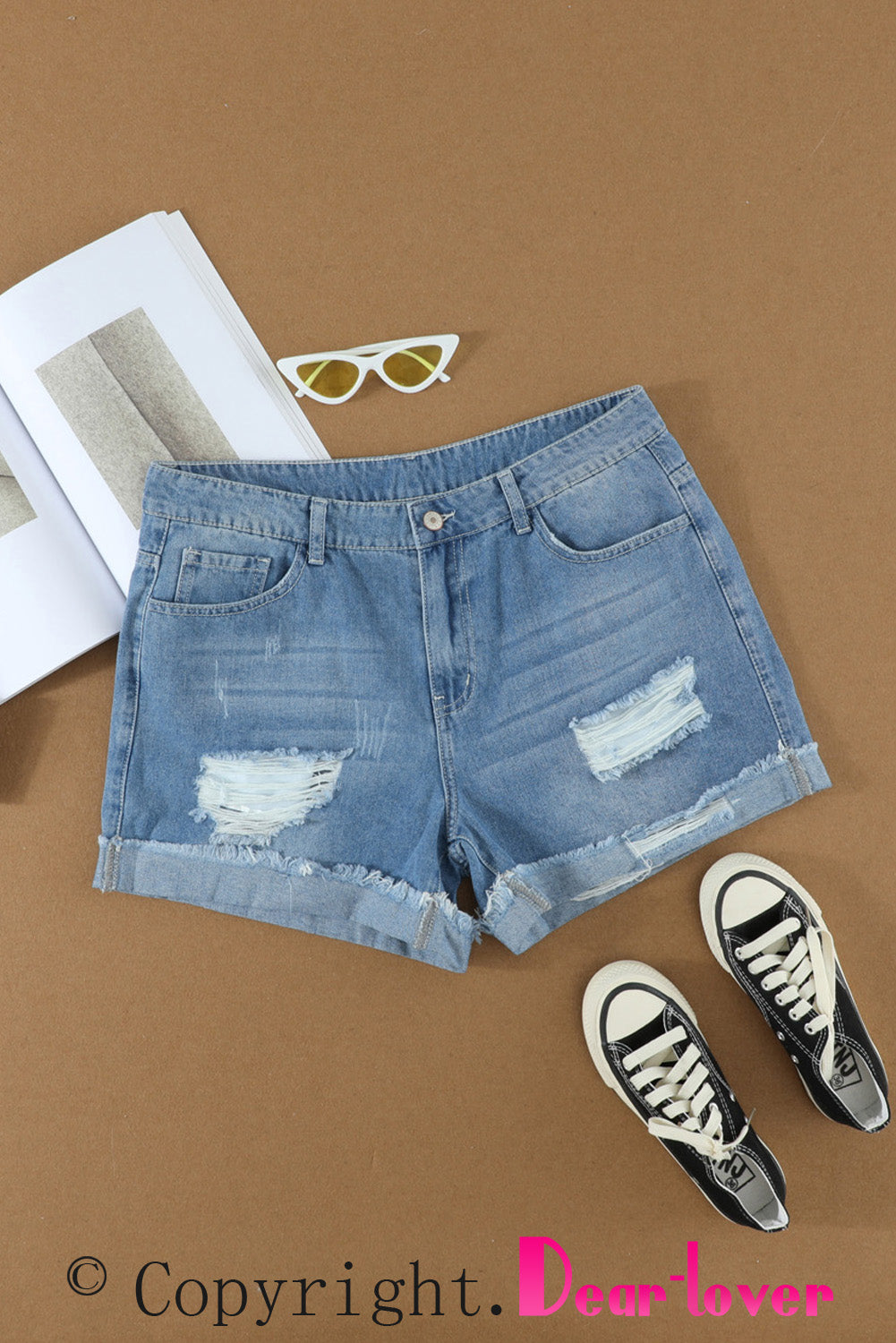 Distressed Ripped Rolled Hem Sky Blue Denim Shorts