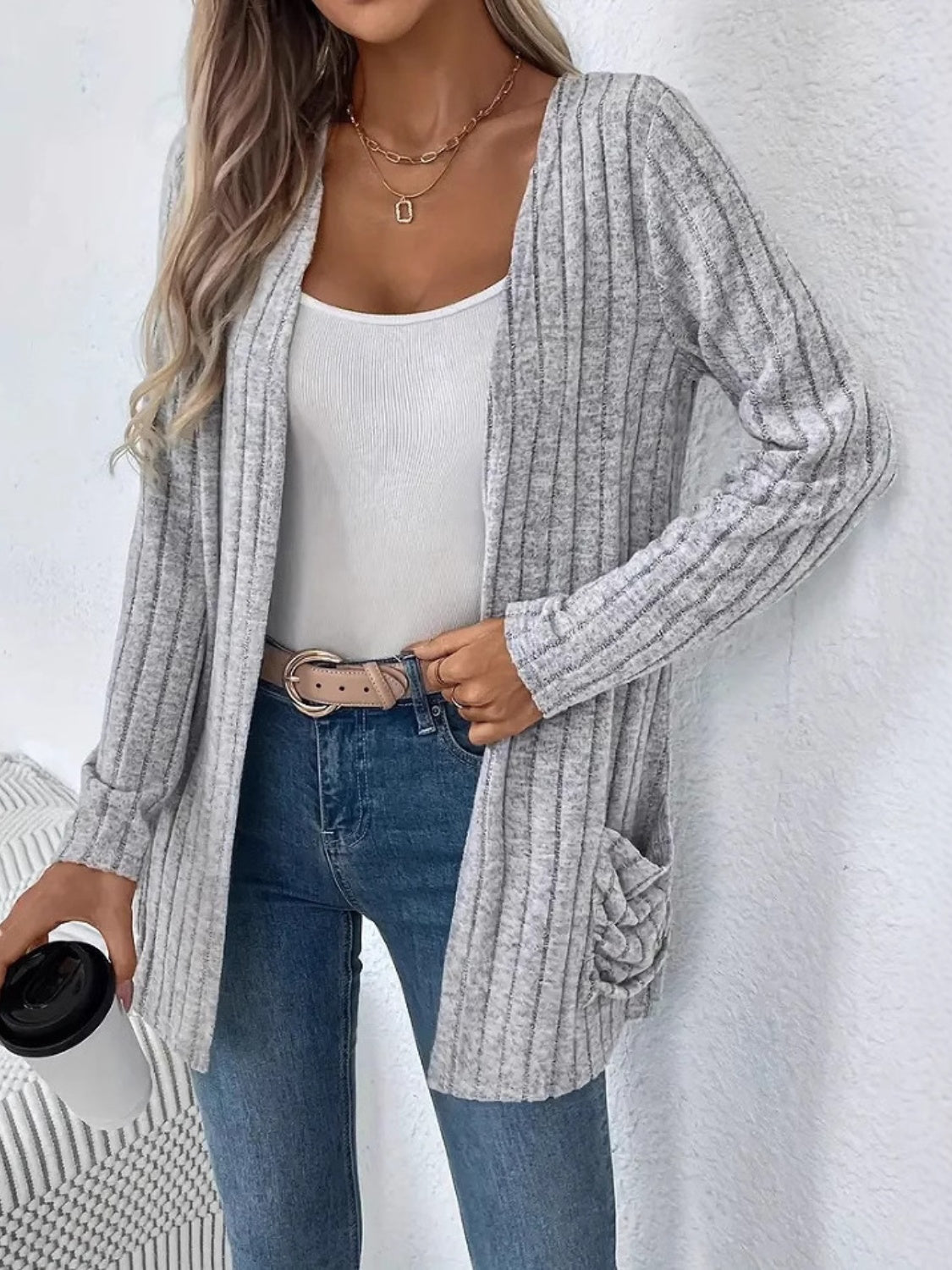 Ribbed Open Front Long Sleeve Cardigan with Pockets