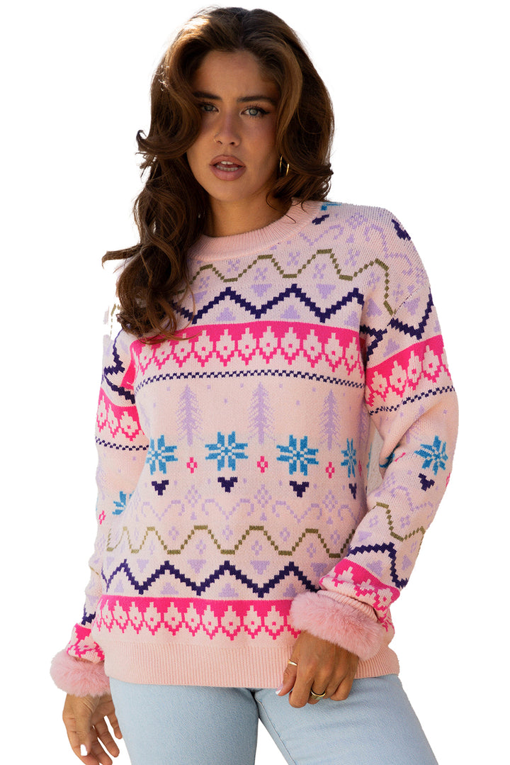 Multicolour Ethnic Christmas Pattern Knit Feather Cuffed Sweater