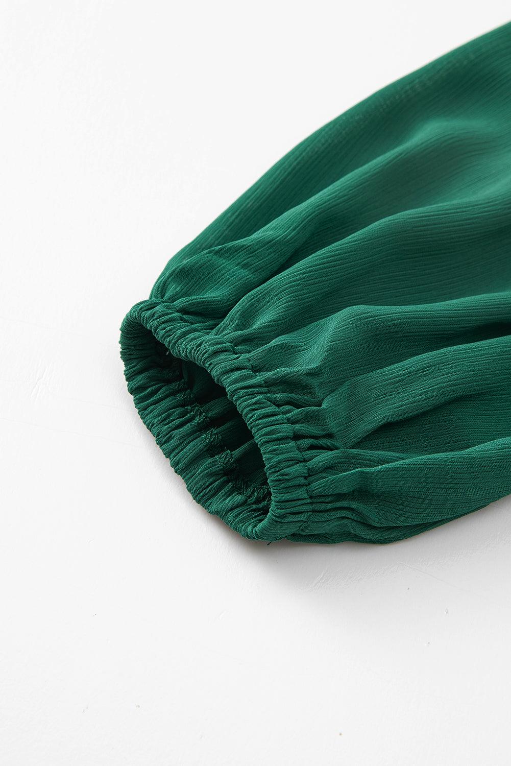 Green Puff Sleeve Mock Neck Back Knot Tiered Dress