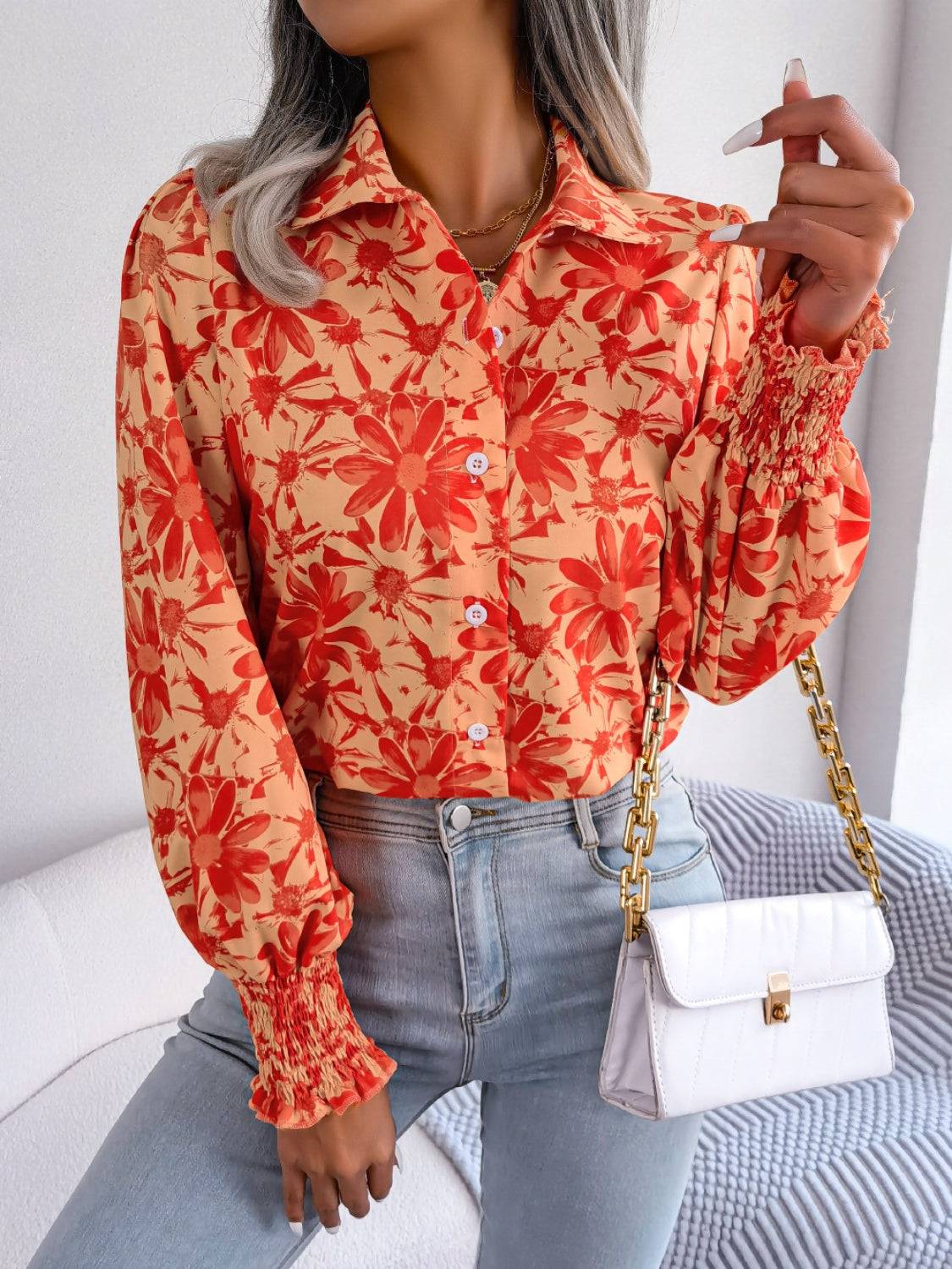 Floral Collared Neck Long Sleeve Shirt