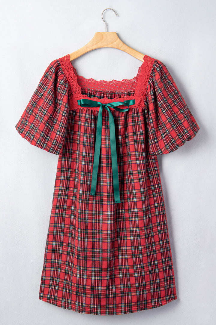 Red Plaid Square Collar Lace Trim Short Sleeve Shift Mini Dress