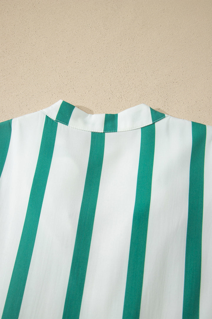 Green Stripe Ricrac Trim Notched Neck Half Sleeve Vacation Dress