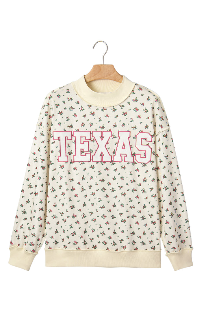 Beige Floral Print Stand Neck Long Sleeve Slogan Sweatshirt