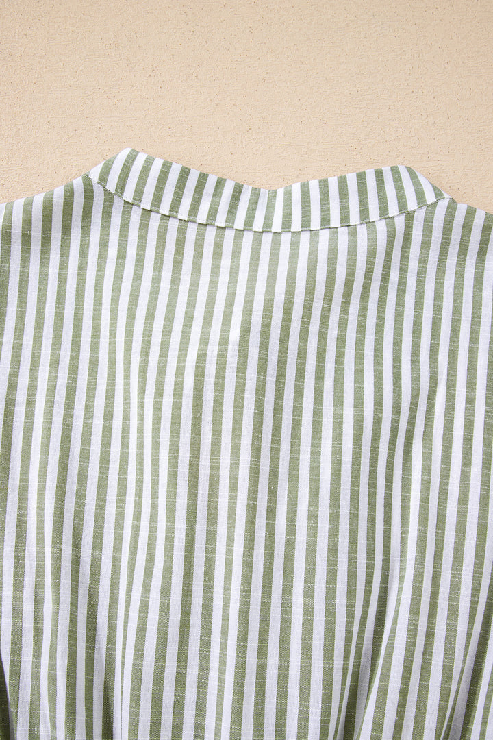 Green Stripe Tasseled Tie Neck Ruffled Short Sleeve Tiered Flattering Dress