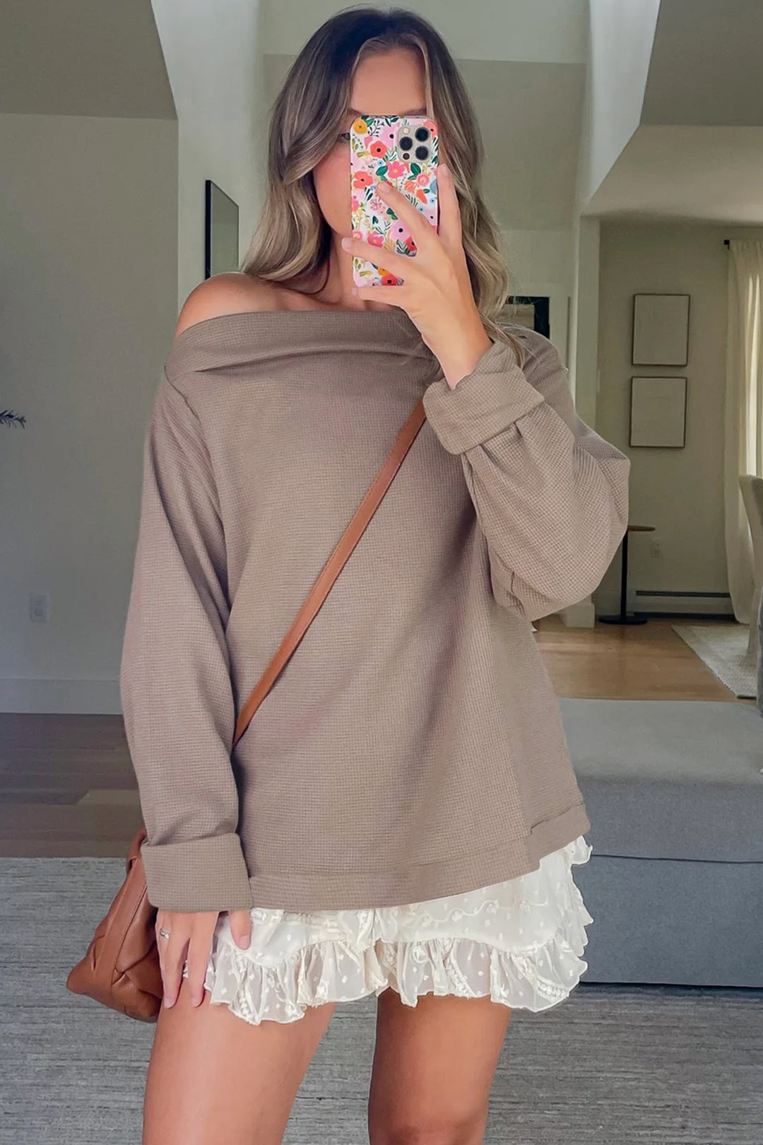 Old Rose Solid Color Waffle Knit Asymmetric Neck Long Sleeve Top