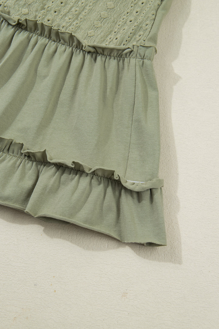 Laurel Green Jacquard Frilled Ruffled Long Sleeve Mini Dress