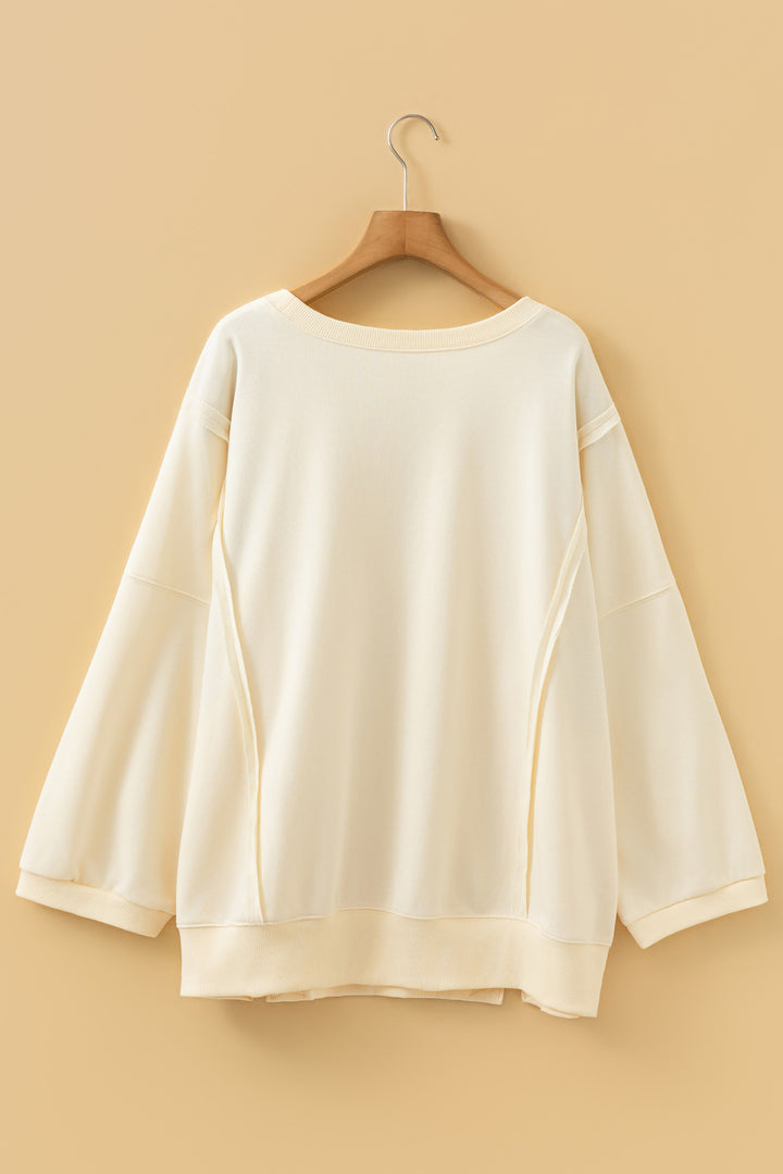 Beige Plus Size Raw Seam Detail Floral Bow Patched Baggy Pullover