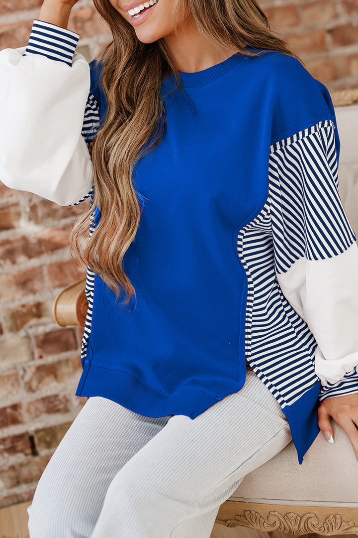 Dark Blue Striped Patchwork Sleeve Colorblock Sweatshirt