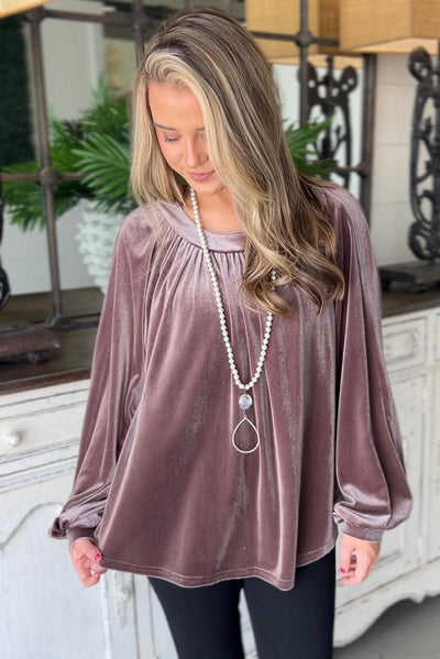 Rose Tan Button Keyhole Back Velvet Swing Top