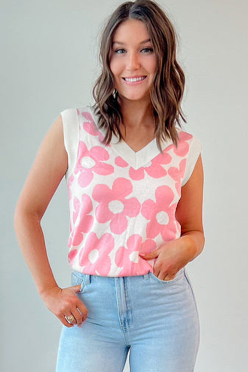 Pink Cute Flower Knitted V Neck Tank Top