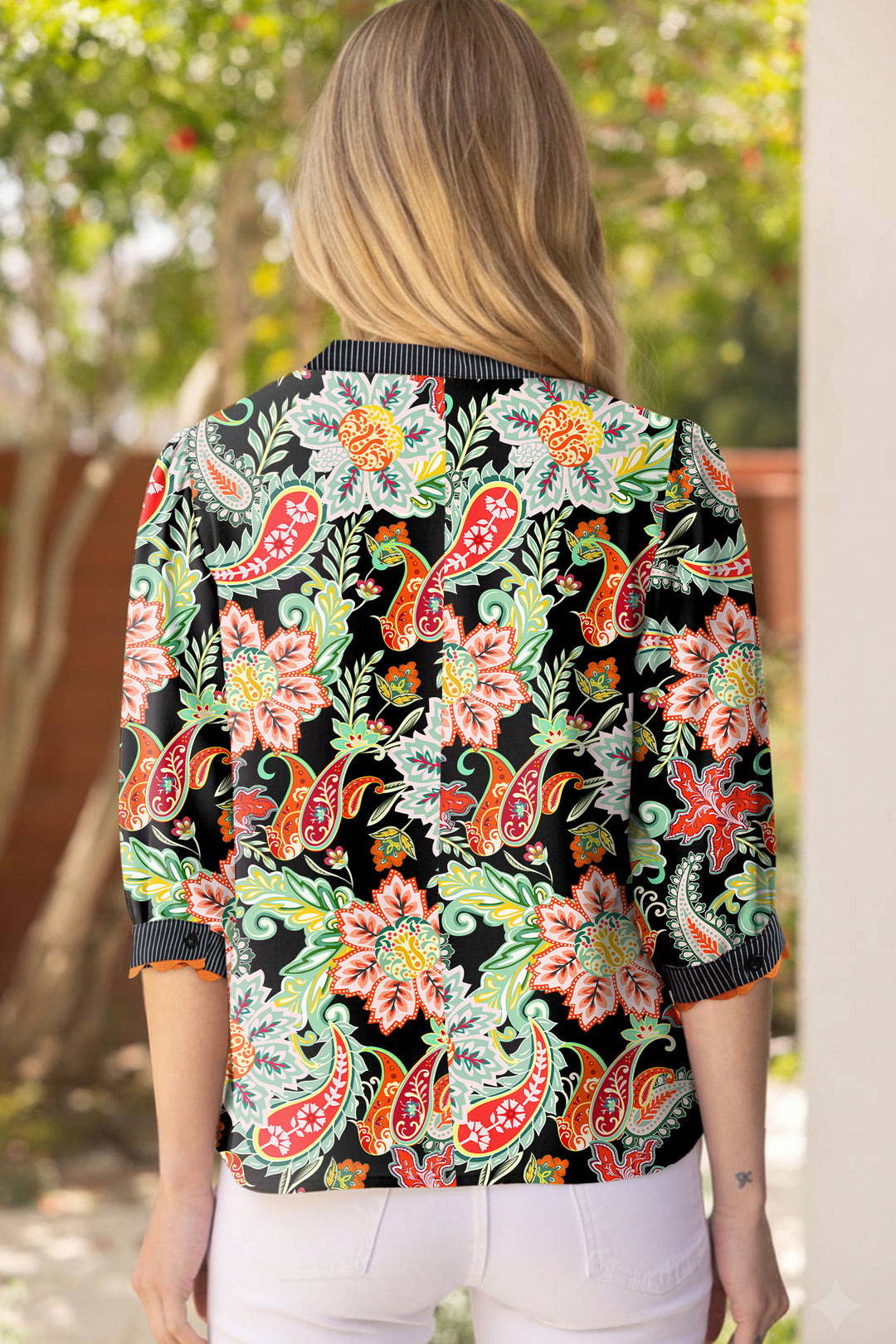 Black Contrast Ricrac Trim Striped Edge Patchwork Floral Print Blouse