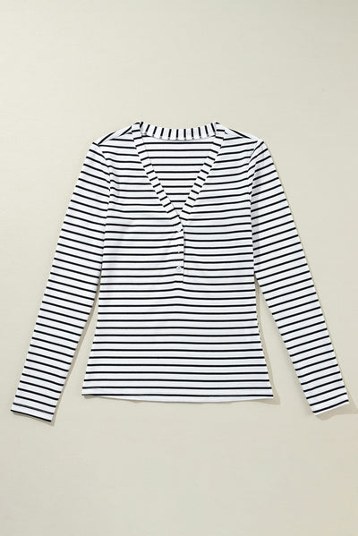 White Stripe Slim Fit Buttoned V Neck Long Sleeve T Shirt