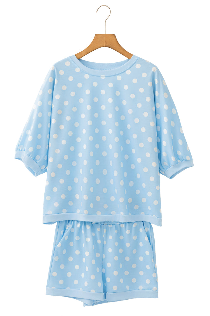 Beige Polka Dot Oversized Top Drawstring Short Set