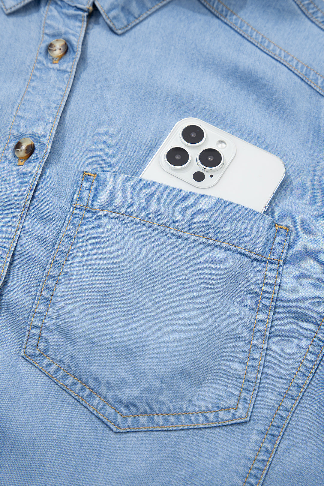 Beau Blue Half Sleeve Button Down Ruffled High Low Chambray Shirt