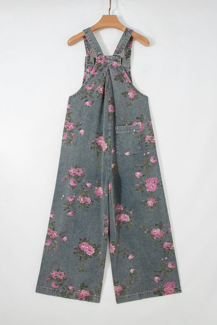 Blue Beau Floral Print Pleated High Waist Wide Leg Denim Jumpsuit