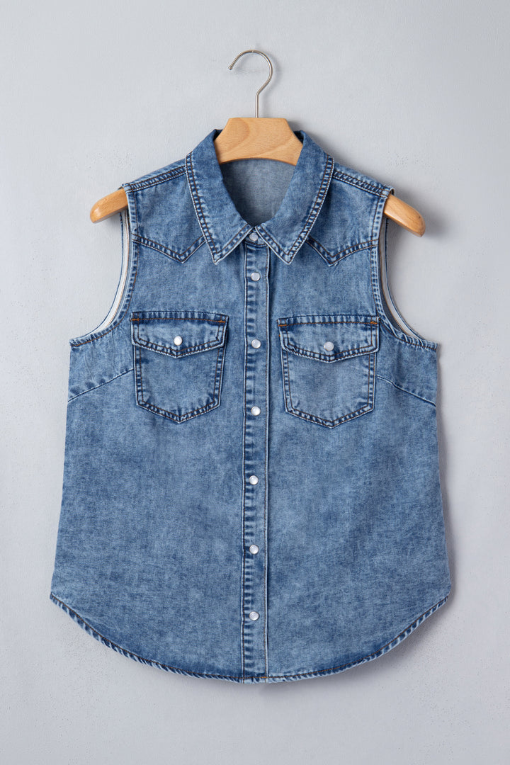 Dusk Blue Buttoned Front Collared Denim Sleeveless Top