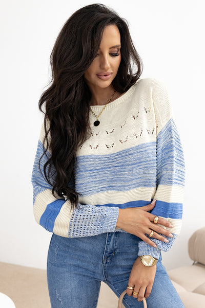 Light Blue Open Stitch Puff Sleeve Sweater