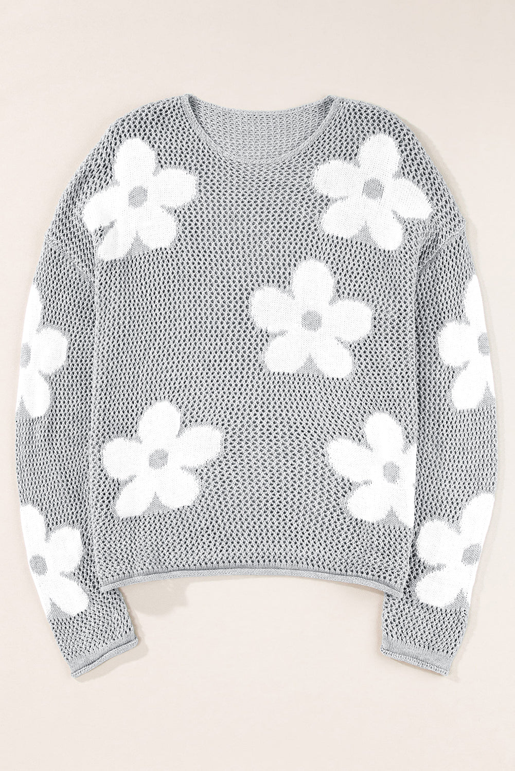 Dulce Big Flower Hollowed Knit Drop Shoulder Sweater