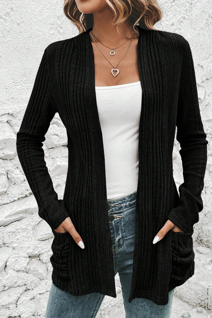 Black Ribbed Open Front Knitted Top with Pockets