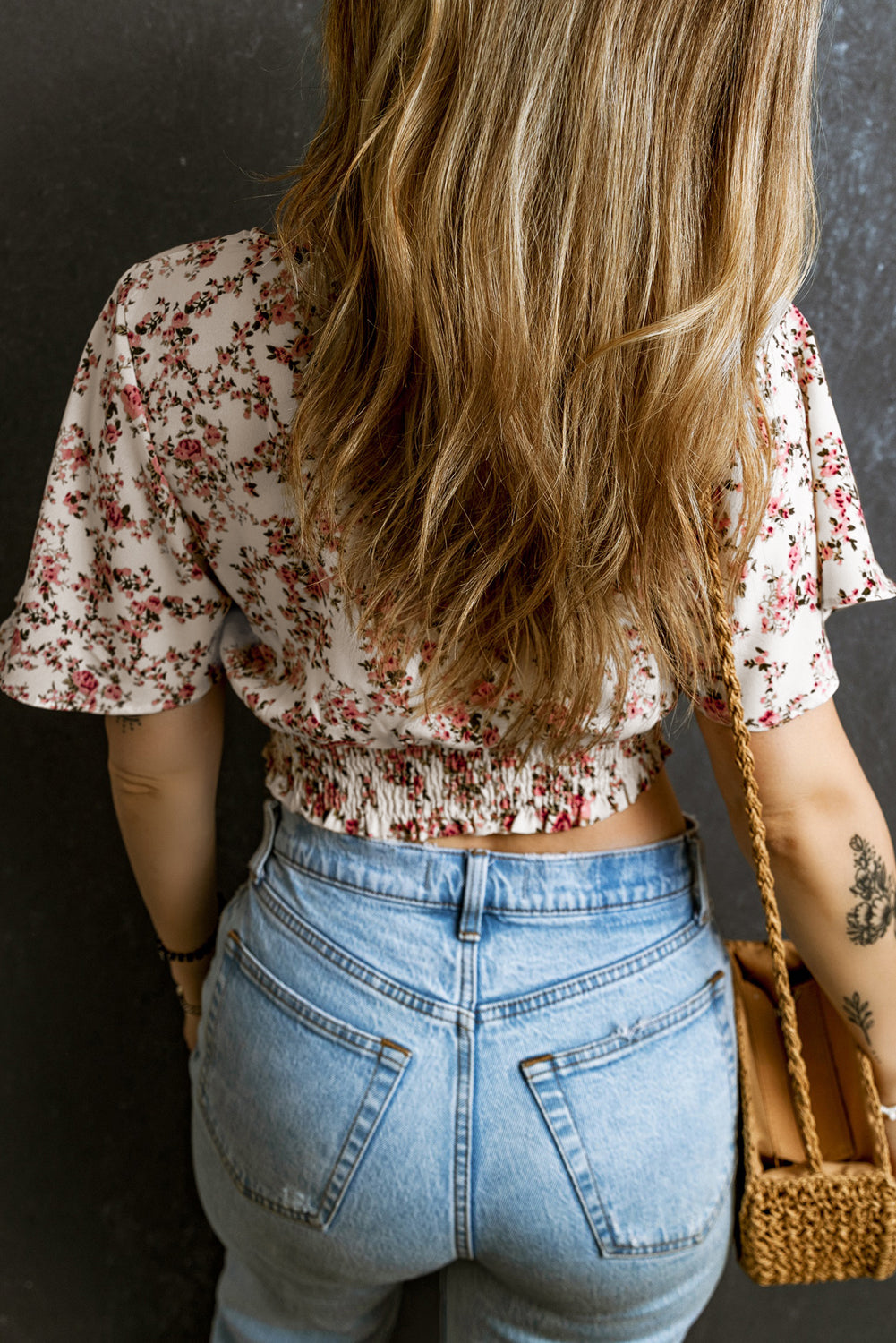 Pink Floral Print V Neck Wrapped Cropped Blouse