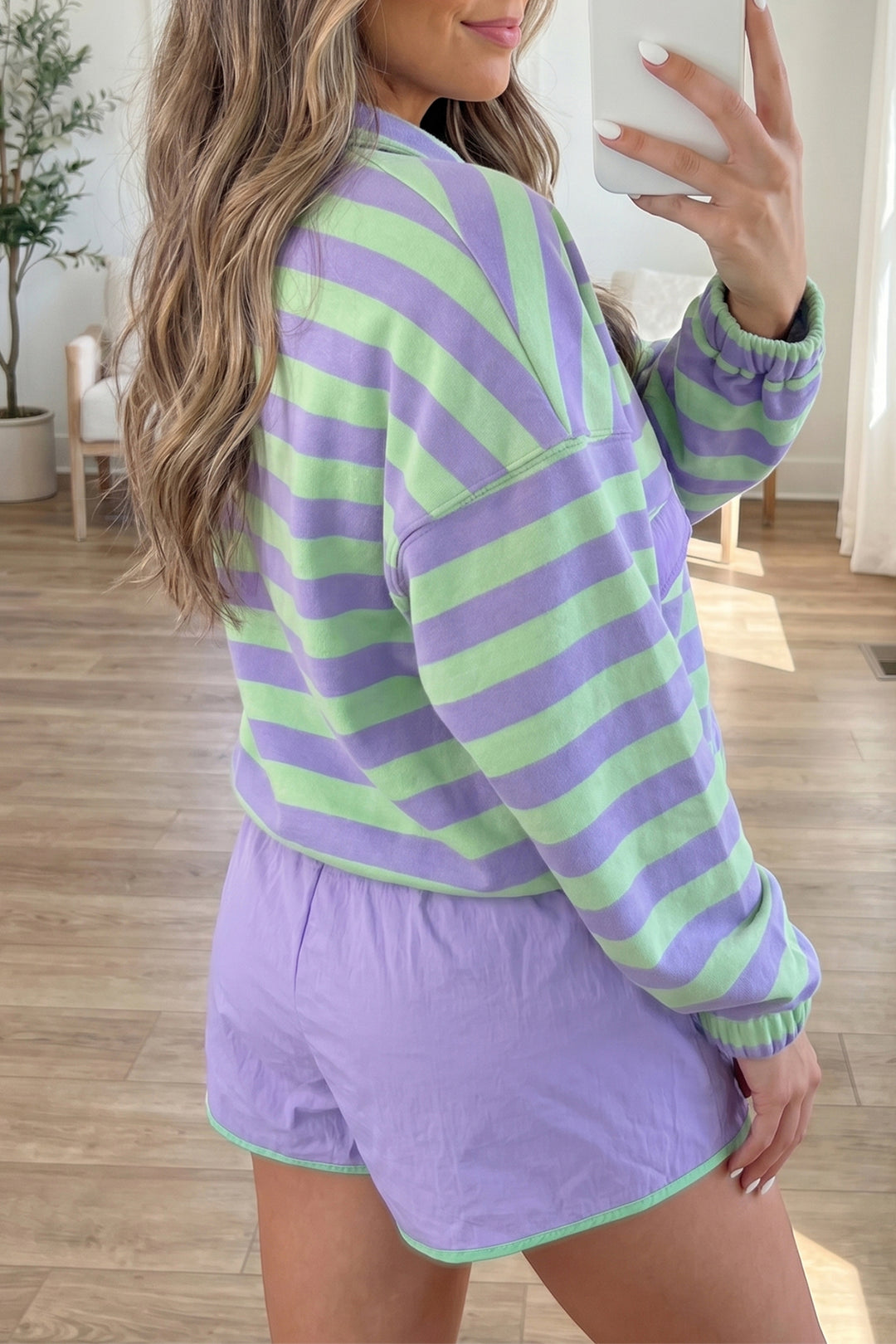Purple Stripe Snap Button Long Sleeve Henley Top Contrast Shorts Two Piece Set
