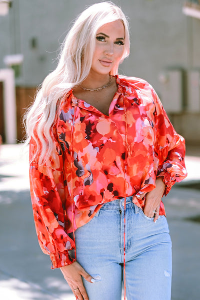 Fiery Red Floral Print Split Neck Tassel Tie Blouse